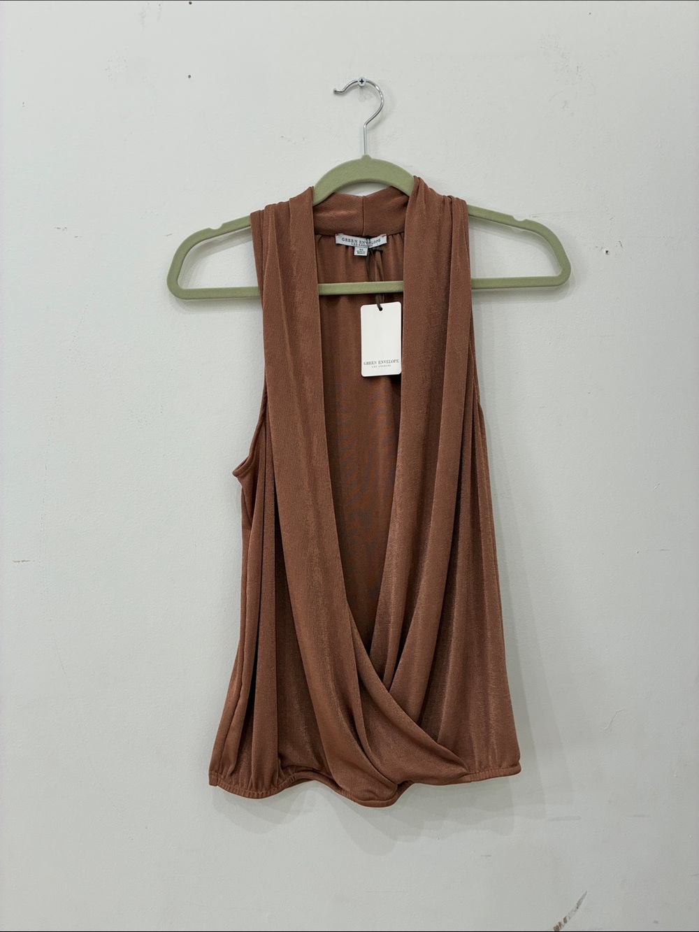 Green Envelope Draped Sleeveless Tank in Dusty Gold
